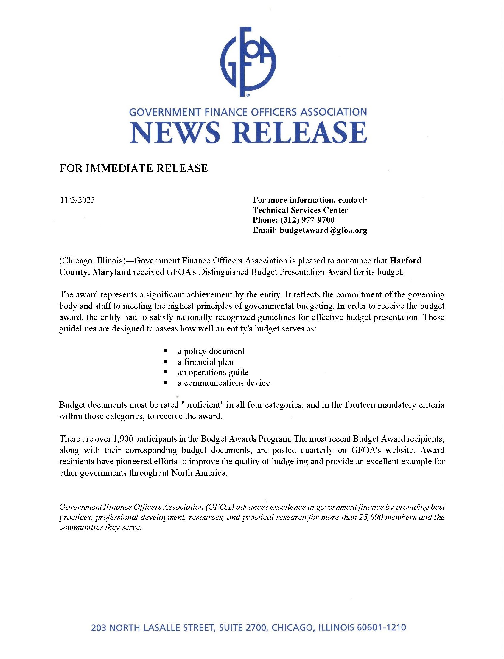 GFOA Budget Award Press Release